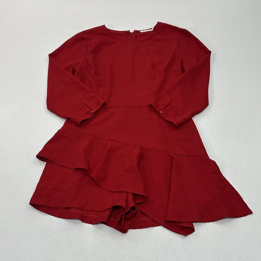 Lush Women's Ruffle‎ Hem Romper Dress Red Back Zipper Button Cuffs, Size Small